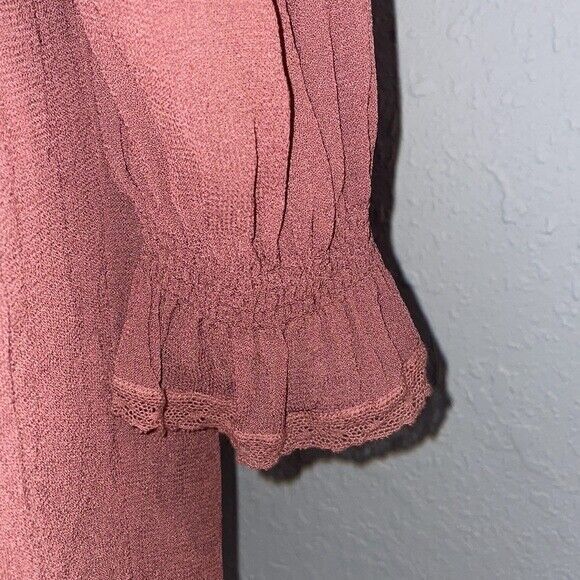 Wilfred Aritzia Babydoll Smocked Mini Dress size S Burgundy Crew Neck - Picture 7 of 13